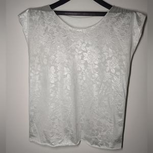 Ivory Sleeveless Top Blouse Reflective Rose Floral Vintage Japanese Round Neck